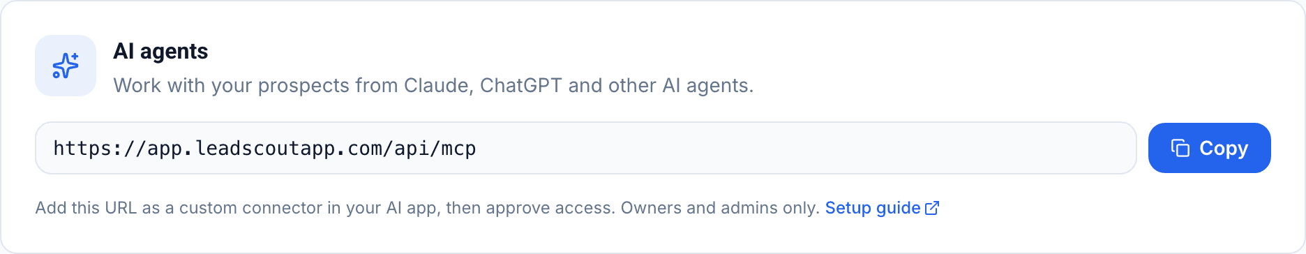 The AI agents card in LeadScout settings, with the connector URL and a Copy button
